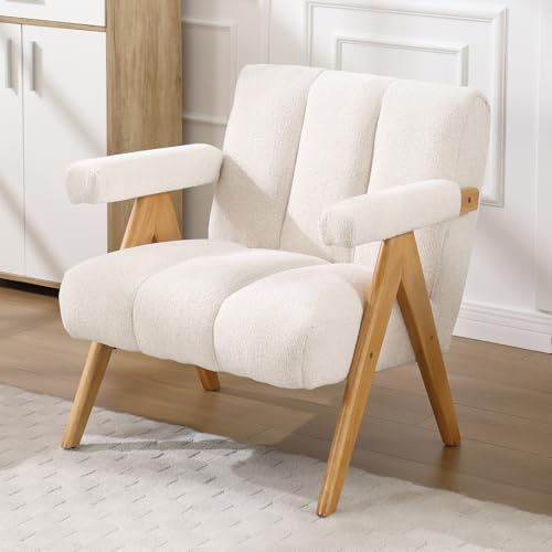 chairus Modern Chenille Armchair for Living Room Accent Chair with Solid Wood Legs, Comfy Lounge Chair with Armrests, Upholstered Single Sofa for Bedroom, Oatmeal