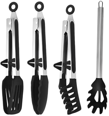 Juego de 4 pinzas de cocina, 3 pinzas de barbacoa de 27 cm y cuchara de espagueti de 35 cm, de acero inoxidable y silicona con soporte, resistentes al calor, pinzas de carne, pinzas de silicona
