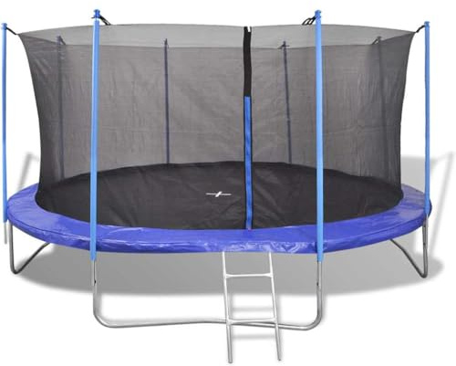 Runheo 5 tlg Trampolin Set 457 cm Schwarz Blau mit Sicherheitsnetz, Rahmenpolster, Leiter und Regenschutzplane für Garten, Hof, Terrasse, 150 kg Belastbarkeit, 88 Federn
