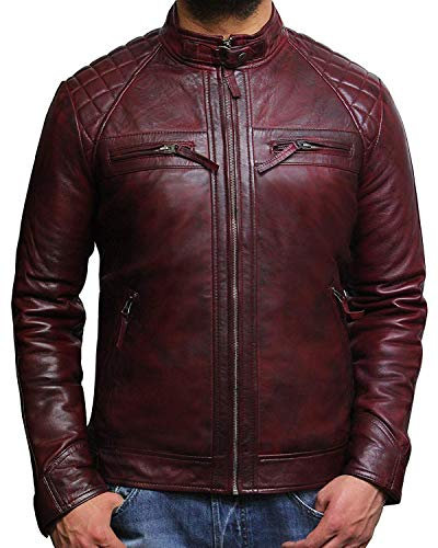 BRANDSLOCK Herren Echtes Lammfell Leder Biker Jacke Burgund