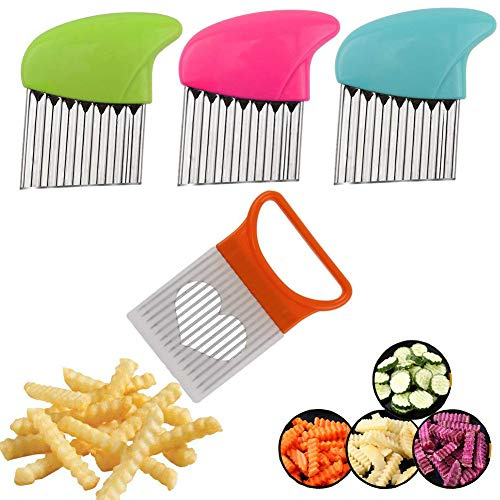 Crinkle Cut Knife set, 1 Fork Slicing Helper 3 Stainless Steel Crinkle Cutter, Fruit And Vegetable Wavy Chopper Knife, Potato Cutter Onion Cutter Fren