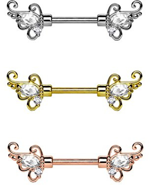 beyoutifulthings Brustwarzen-Piercing FLORALES Design Brust-Piercing Intim-Piercing Edelstahl Silber Gold Roségold Clear Stab 1,6mm 12mm