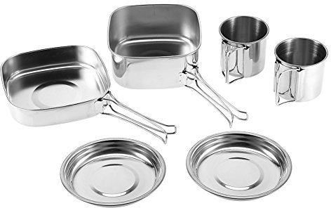 Dilwe Camping Kochgeschirr Set, Camping Kochset mit 6 Stück Edelstahl Pfanne Topf Teller Tasse Kochwerkzeug zum Wandern