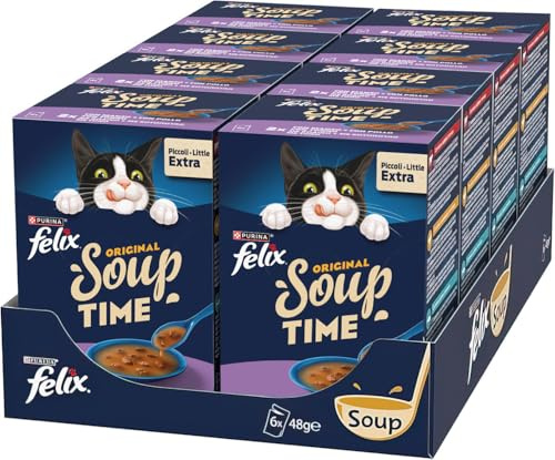 FELIX Soup Time Cibo Umido Complementare per Gatti Adulti con Manzo, Pollo e Tonno 48 Buste da 48g