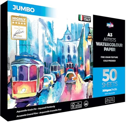 Zieler Jumbo A3 Aquarellpapier, fein genarbt, strukturiert, von Zieler. 50 Blatt, 300 g/qm, quer Ideal zum Einweichen und Abdecken. Hergestellt in Großbritannien. Enthält ein Starter-Hinweisblatt