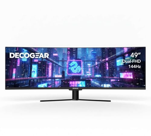 Deco Gear 49” Ultrawide Curved Monitor, 144Hz 32:9 Dual FHD 3840×1080, R1500, 3000:1 VA Super Wide Screen, Adaptive Sync, HDR400, USB-C 65W, 3ms, HDMI/DP, PBP/PIP KVM Work Gaming Display, Laptop & PC