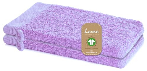 Lavea® 2er Set Waschhandschuh 16x22 cm – Flieder | 100% Baumwolle, weicher Frottee Waschlappen, saugstark, hautfreundlich, waschbar und strapazierfähig – Frottierserie Bali