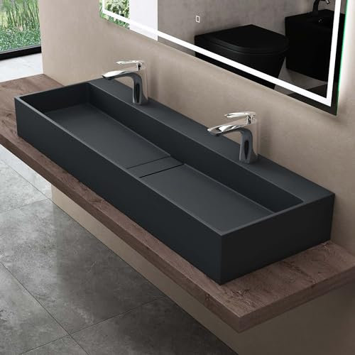 doporro Vasque à Poser Gris Noir Mat avec Bonde Lavabo de Salle de Bains Suspendu 120cm Lave Mains Rectangulaire avec Cache Bonde Colossum6028