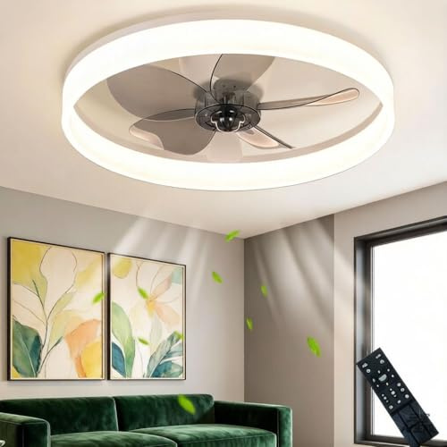 JIAODIE LED Ventilador De Techo Con Lámpara,silencioso lámpara de techo con ventilador,Con Mando A Distancia,Velocidad del aire regulable,3 Tonos de Luz,temporizador,Plafón lluminación, Ø50cm,A