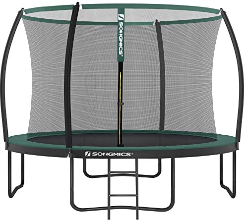 SONGMICS Trampolin 305 cm d, Gartentrampolin für Kinder mit Sicherheitsnetz, 180 cm hohe gebogene Stangen, Randabdeckung, Leiter, Stahlrahmen, schwarz-dunkelgrün STR102C01