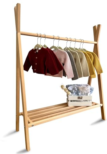MIMUSELINA Perchero niños Perchero Tipi de madera Burro colgador abrigos ropa bebé autonomía del niño, perchero madera decoración habitación infantil (Madera Haya NATURAL)