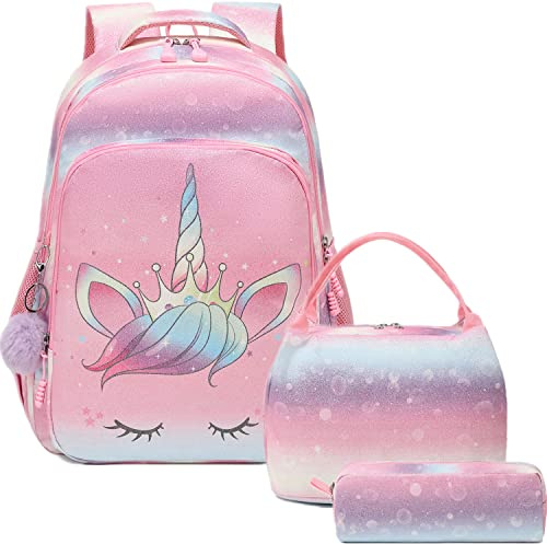 Jumpopack skolryggsäck flicka set barnryggsäck bröstbälte skolväska barn skolväskor tonåring, Enhörning lila, Ryggsäck