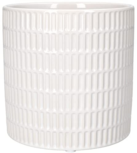 KOTARBAU® Maceta cilíndrica de cerámica esmaltada, Ø12 cm, Tiesto Decorativo para Flores y Plantas, Macetero Redondo para Interiores, Diseño Minimalista, Blanco, Acabado Brillante, Patrón Ranuras