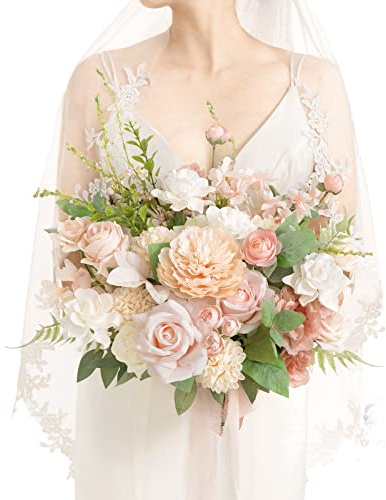 Ling's moment Blush Pink Wedding Bouquets for Bride, Blush and Cream Bridal Bouquets for Bride, 15 Inch Free Form Artificial Wedding Flower Bouquet