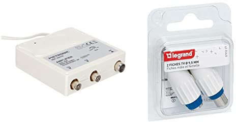 Metronic 432176 Amplificateur d'intérieur Universel avec réglage de Gain FM-UHF, Gain réglable 30 DB Maximum, Protection 4G, Blanc & Legrand - Fiche Femelle + mâle télévision coaxiale - Ø9,52mm