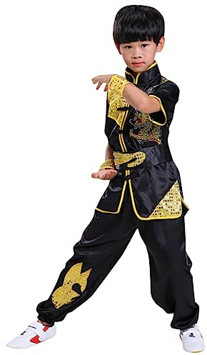 Boys Girls Kung Fu Master Tai Chi Dragon Chinese Uniform Top Shirt Pants Set Outfit (Black, 3-4 Years)