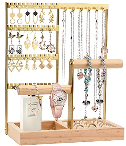 Organisateur de Bijoux Support Porte-Collier Présentoir de Table avec Plateau en Bois 6 Crochets Colliers Suspendus Arbre de Rangement ou Collier, Bagues, Bracelets, Montres(#1)