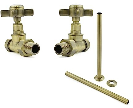 Hot Flow | Bayou Cross-Head Traditional Manual Straight Radiator Valves (Pair) (Antique Brass with Sleeve)