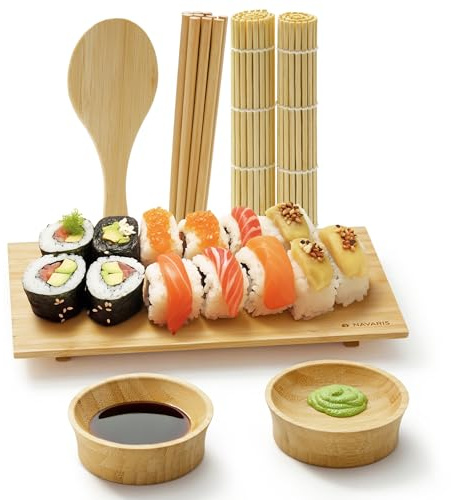 Navaris Kit para Hacer Sushi - Set Completo de Utensilios de Bambú de Maquina Sushi Maker en Casa - con Bandeja Esterilla Molde Palillos Soportes Cuencos y Paleta para Arroz
