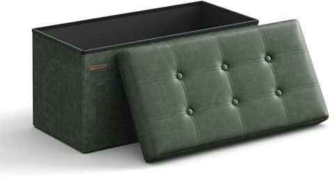 SONGMICS Sitzhocker, faltbar, 89 Liter, bis 300 kg belastbar | Aufbewahrungsbox, Fußhocker, Bezug aus Kunstleder, gepolstert, waldgrün und tintenschwarz, MINOTA Kollektion LSF040C01