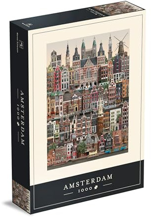 Martin Schwartz ApS Amsterdam Stadt Puzzle 1000 Teile für Erwachsene – Künstlerisches Stadtmotiv mit Poster und Gebäudeliste, 50 x 70 cm, Karton
