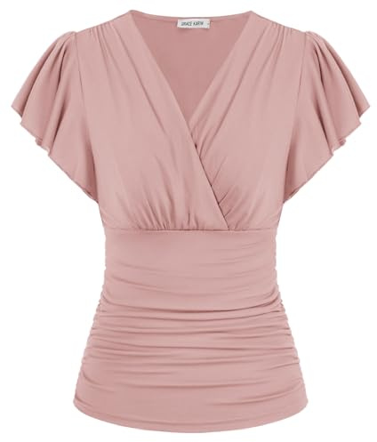 GRACE KARIN dam kortärmad v-ringad rynkad vardaglig topp sommarblusar vintage topp, Rosa, L