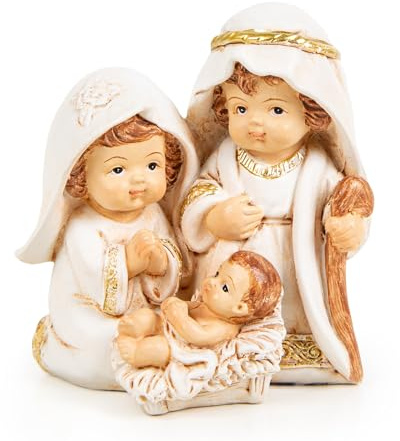 Logbuch-Verlag Mini krubba helig familjen Maria Josef Jesus liten bordspjälsäng krämfärgad guld julkrubba 7 cm