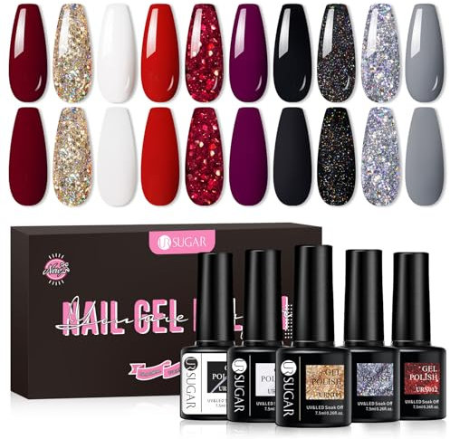 UR SUGAR UV Nagellack Schwarz Grau, Nagellacks Rot Gel Nagellack Gellack UV Farbgel Set Starter Set für Nagelstudio Nagel mit Geschenkbox Maniküre Set