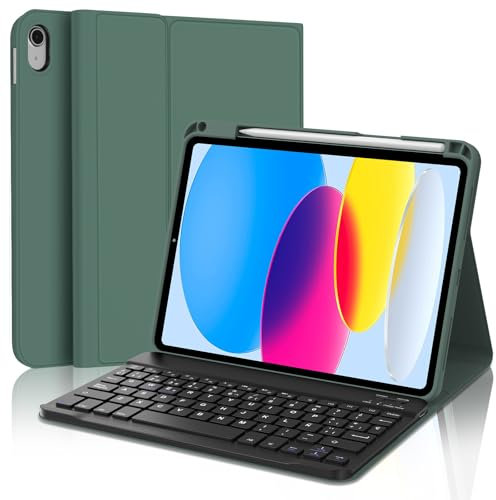 Teclado iPad A16 11/10 Generación (2025/2022), Funda Teclado para iPad 10 Gen 10.9/11 Generación 11 Pulgadas, Español Ñ Bluetooth Magnéticamente con Despetar/Dormir Auto Funda, Verde oscuro