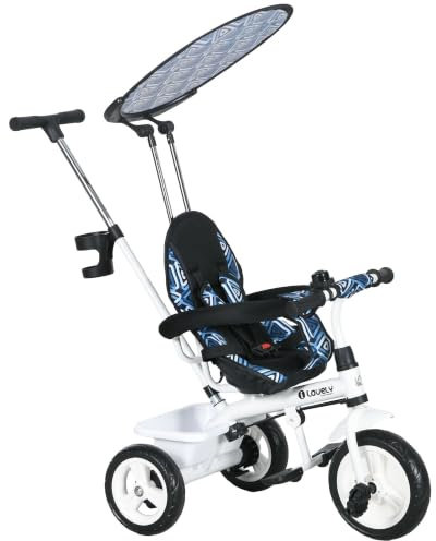 HOMCOM Trike 6 in 1 Baby Trike Push Handle for 18Months-5 Years Blue | Tricycle for Kids, Removable Canopy, 5-Point Seat Harness, Storage Basket