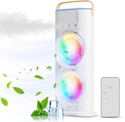 Kavolet Ventilatore silenzioso a torre, mini ventilatore con doppia testa e umidificatore, regolabile a 180°, girevole a 90°, ventilatore da tavolo ricaricabile a 3 velocità del vento, luce ambientale