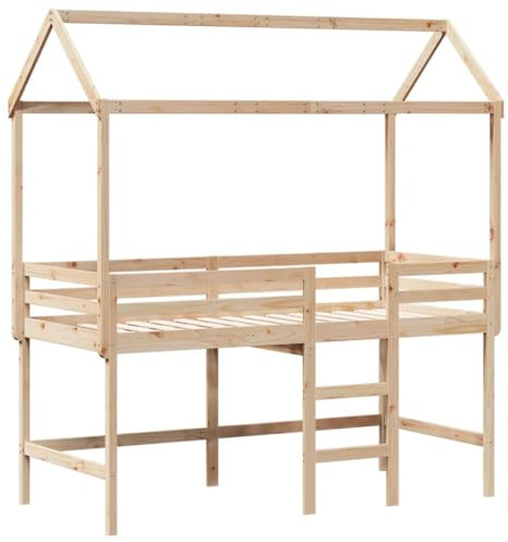 vidaXL Hochbett, Kinderbett mit Leiter Dach Sicherheitsgeländer, Spielbett für Kinderzimmer, Bett Holzbett Einzelbett, 90x200cm Massivholz Kiefer