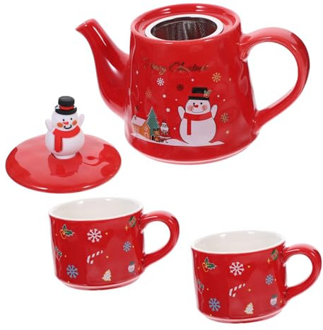 Amosfun Tè Natalizio Ceramica Rosso Con Teiera Piccola e Tazze Design Infrangibile Tema Festivo Facile Da Pulire e Compatto Per Uso Domestico