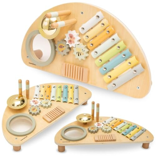Mamabrum Holz Musikcenter für Kinder 9m+, Musical Jump Toy Set mit Xylophon, Mini-Schlagzeug & Drehinstrumente - Lernspielzeug zur Musikentwicklung (4 Teile)