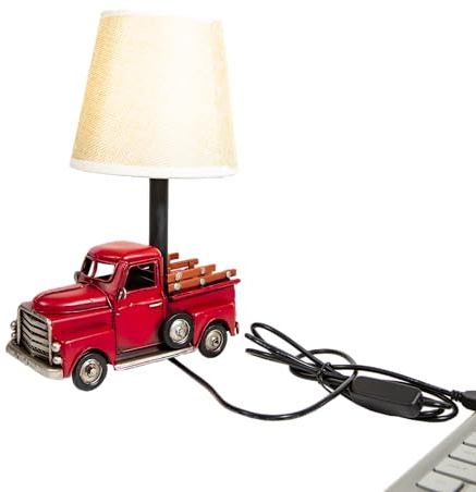 YCHTEWY-Unique Rustic Red Vintage Truck USB Table Lamp with Burlap Shade,Cozy Night Light,Compact & Durable, Perfect for Desktops, Side Tables, or Shelves,6.7 x 4.7 x 6.7 inches