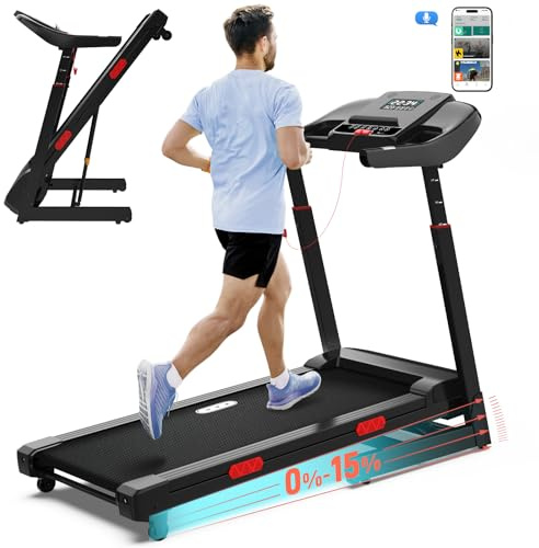 Treadmill with Auto Incline - 15% Auto Incline Treadmill with 400 lbs Capacity - Adjustable Height Handrail Foldable Running Machine for Home with APP, Voice Control and Speaker - 8.7 MPH
