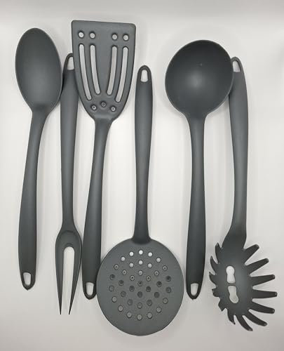 6-teiliges Küchenutensilien-Set aus Nylon, Suppenkelle, Spaghetti-Schöpflöffel, Skimmer, Servierlöffel, große Gabel, Pfannenwender mit langem Schlitz, spülmaschinenfest, mit praktischer
