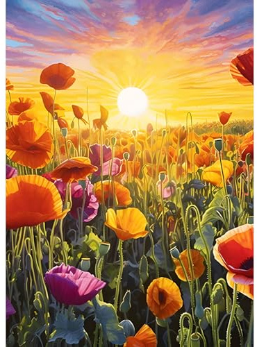 DPHERO DIY Mohn Blumen Diamant Painting Kits Bilder für Erwachsene Anfänger,5D Sonnenuntergang Diamond Painting Set,DIY Runde Steine Diamant Kunst Kits, Blumen Diamant Art für Zuhause Dekor 30x40 cm