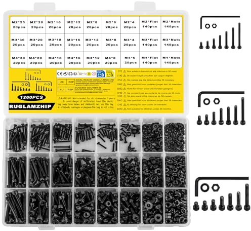 1260 Pcs M2 M3 M4 Bolts and Nuts Set, Assorted Nuts and Bolts Set, Black Hex Socket Button Head Screws and Washers, Hex Socket Head Cap Screws, Machine screw Assortment, with 3 Wrench