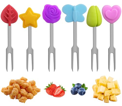 Stainless Steel Fruit Forks, 6PCS Mini Reusable Toothpicks, Stainless Steel and Fruit Shapes Silicone Small Forks for Fruits, Cheese, Appetizers, Easy to Clean, Coloured Toothpicks