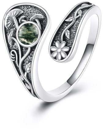 Mushroom Spoon Ring 925 Sterling Silver Moss Agate Mushroom Vintage Thumb Ring Moss Agate Jewelry Gifts for Women Men