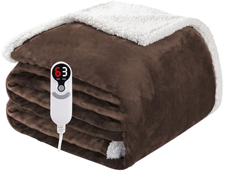 Electric Heated Blanket Full Size 72x84, Soft Flannel with Overheat Protection, 9 Adjustable Heat Settings & 10-Hour Auto-Off Timer, Fast Heating for Winter Comfort, Dark Brown
