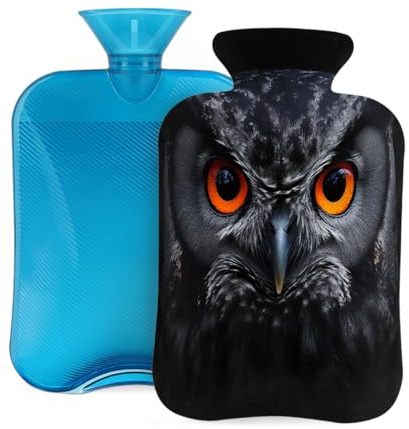 Myfsucce Wärmflasche mit Bezug, 2 l, Motiv: schwarze Eule, Theame-Druck, wiederverwendbarer PVC-Wärmbeutel zur Schmerzlinderung, Krämpfe und Wärme, 31 x 20,3 cm