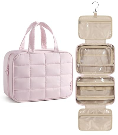 BAGSMART Kulturtasche Damen Reise Kulturbeutel zum Aufhängen Rosa | Wasserdicht, Puffy, 28x72cm ausgerollt, Polyester, 360-Grad-Drehgelenk, Zwei-Wege-Reißverschlus, Waschbeutel für Reise