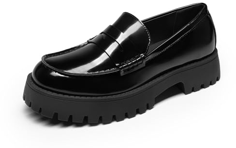 DREAM PAR Loafers för kvinnor plattform tjock penny loafer sula, bekväm dra på uppklädda vardagliga arbete affärer kontorsskor, Svart-patent, 41 EU