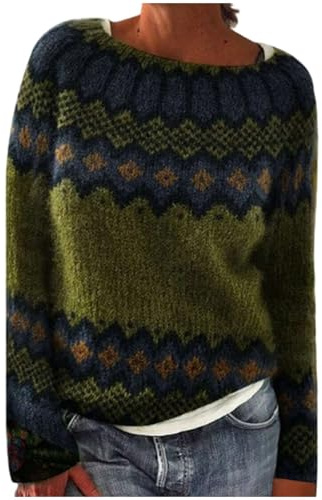 Générique Norvégien Pull Femme Vintage Hiver Chic Jacquard Chaud Pullover Doux Tunique Manches Longues Haut Élégant Décontracté Mode Automne Sweater Grande Taille Oversize Motif Top Noël Sweater