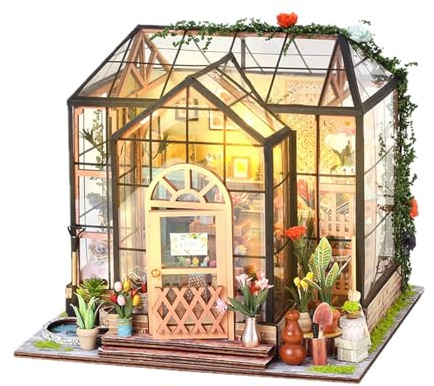 DECORNIJIA Kit DIY Miniatura Invernadero Juego Manualidades Casita Miniatura Modelo Arquitectónico Educativo para Niñas Decoración Interior Sin Baterías