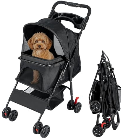SUNNYNEST Pet Travel Stroller Dog Cat Pushchair Pram Jogger Buggy with 4 Wheels Dog Stroller with Rain Cover Pet Pram for Small Medium Buggy with Storage Basket Cup Holder Foldable Pram