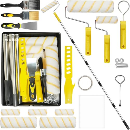 Farbroller Set mit 1.5 M Teleskopstange, 20-Teiliges Malerset mit Malerrolle, Pinsel, Schaber und Farbwanne, Farbrolle zum Streichen von Wänden, Decken, Türen, Zierleisten