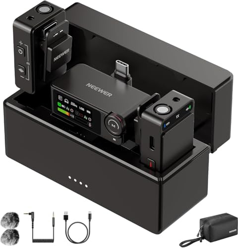 NEEWER CM36 Pro trådlös slips-mikrofon, Micro USB C 48 kHz 24/32bit flytande 85 dB SNR AI, brusreducering, nedskärning, låg skärning, 8 GB, batteri, 54 timmar, 2,4G räckvidd 100 m, 3,5 mm monitoring